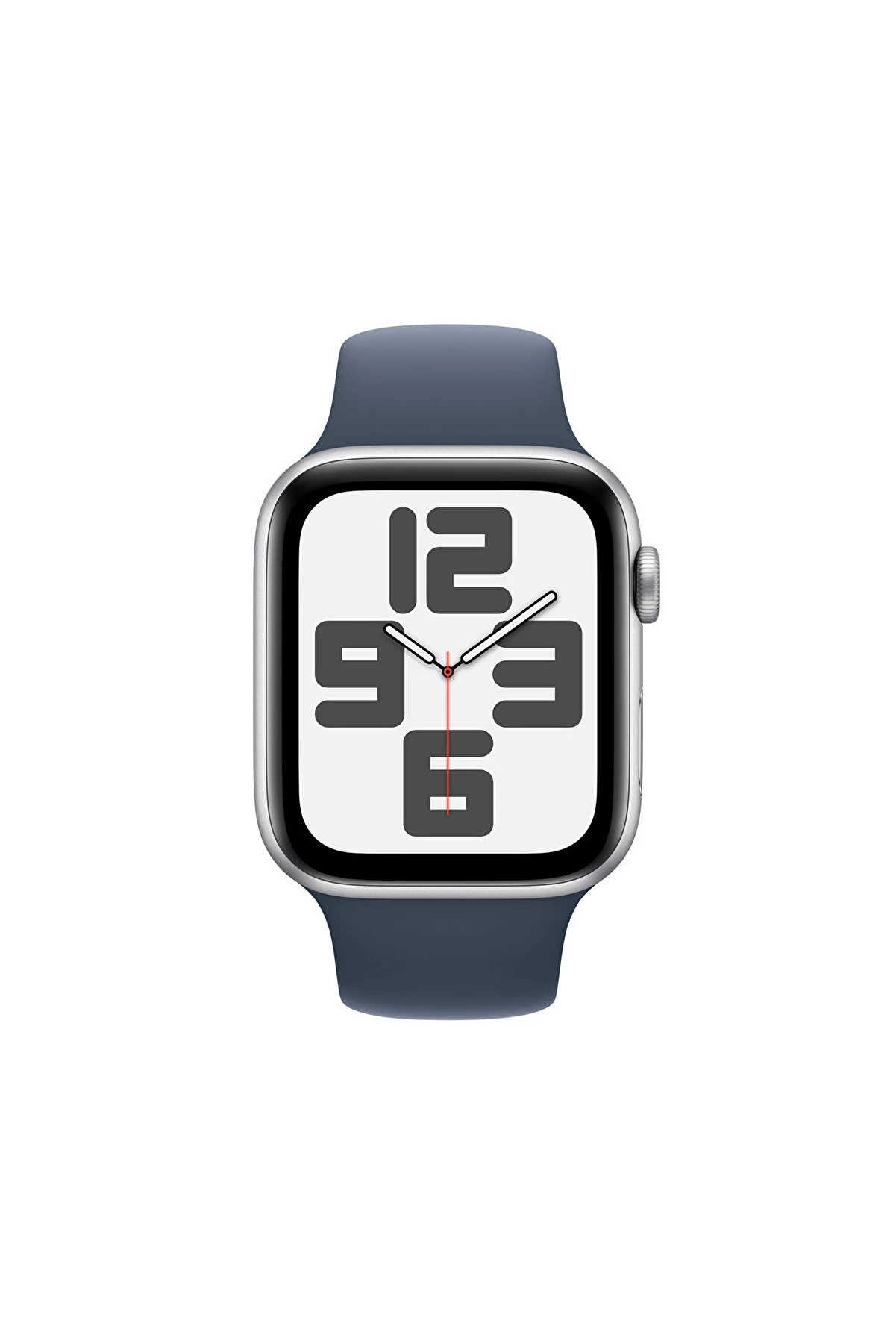 Mavi kayışlı gümüş Apple Watch, zamanı gösteriyor.