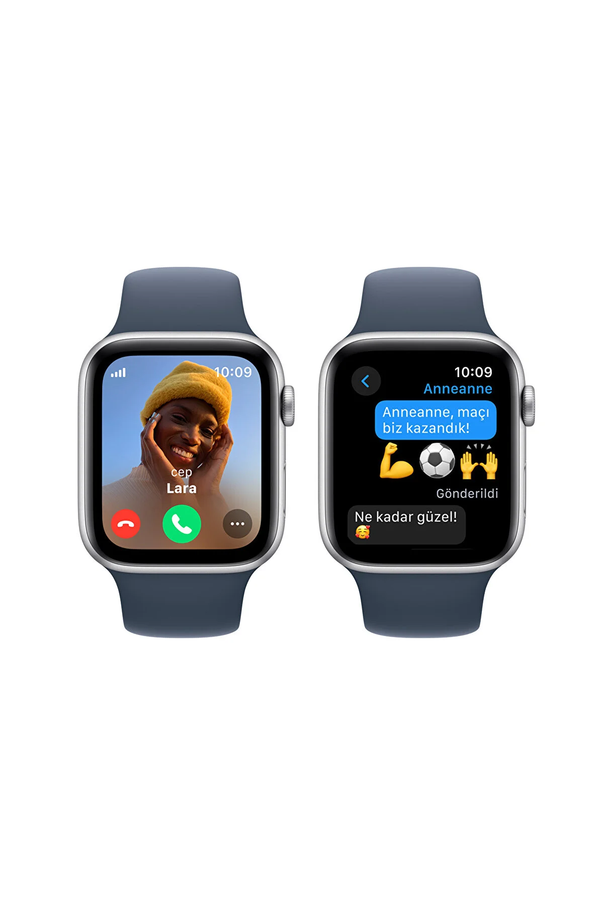 İki Apple Watch. Biri görüntülü görüşme, diğeri mesaj gösteriyor. İkisinde de mavi kayış var.
