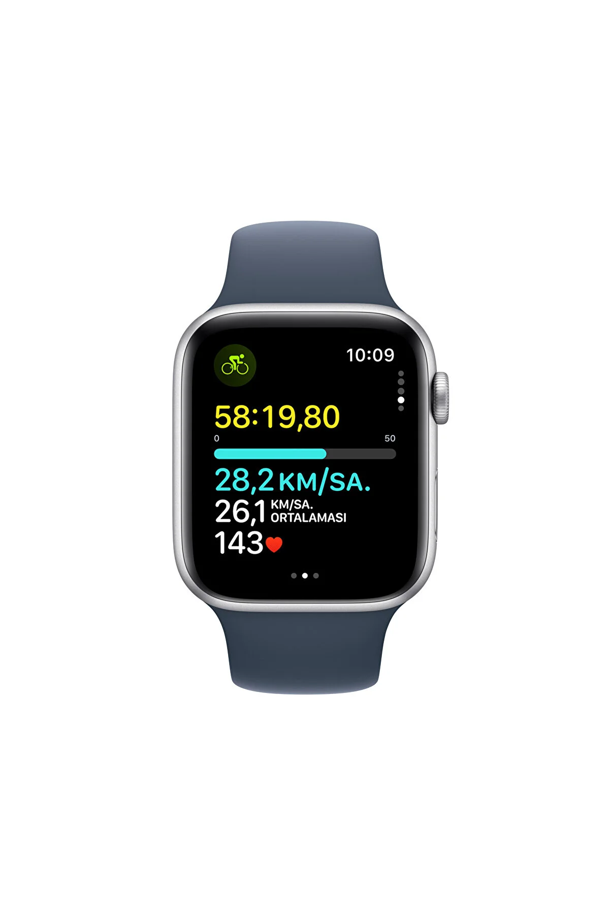 Bisiklet ölçümlerini gösteren Apple Watch. Mavi saat kayışı.