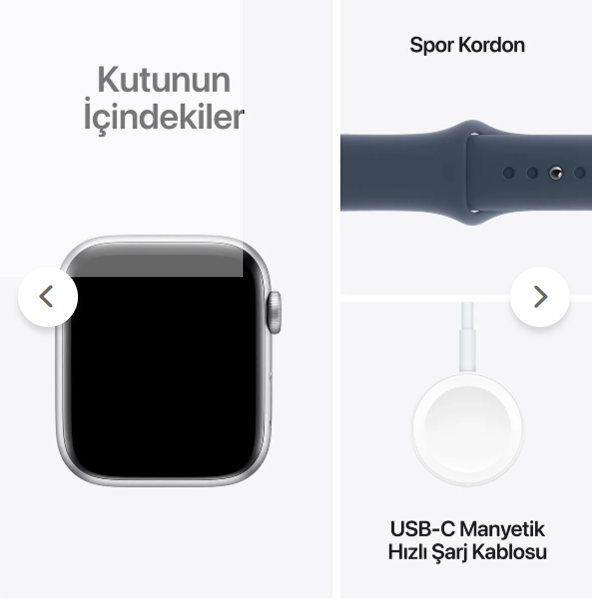 Bir Apple Watch, bir spor kordon ve bir şarj kablosu. Metin Türkçe.