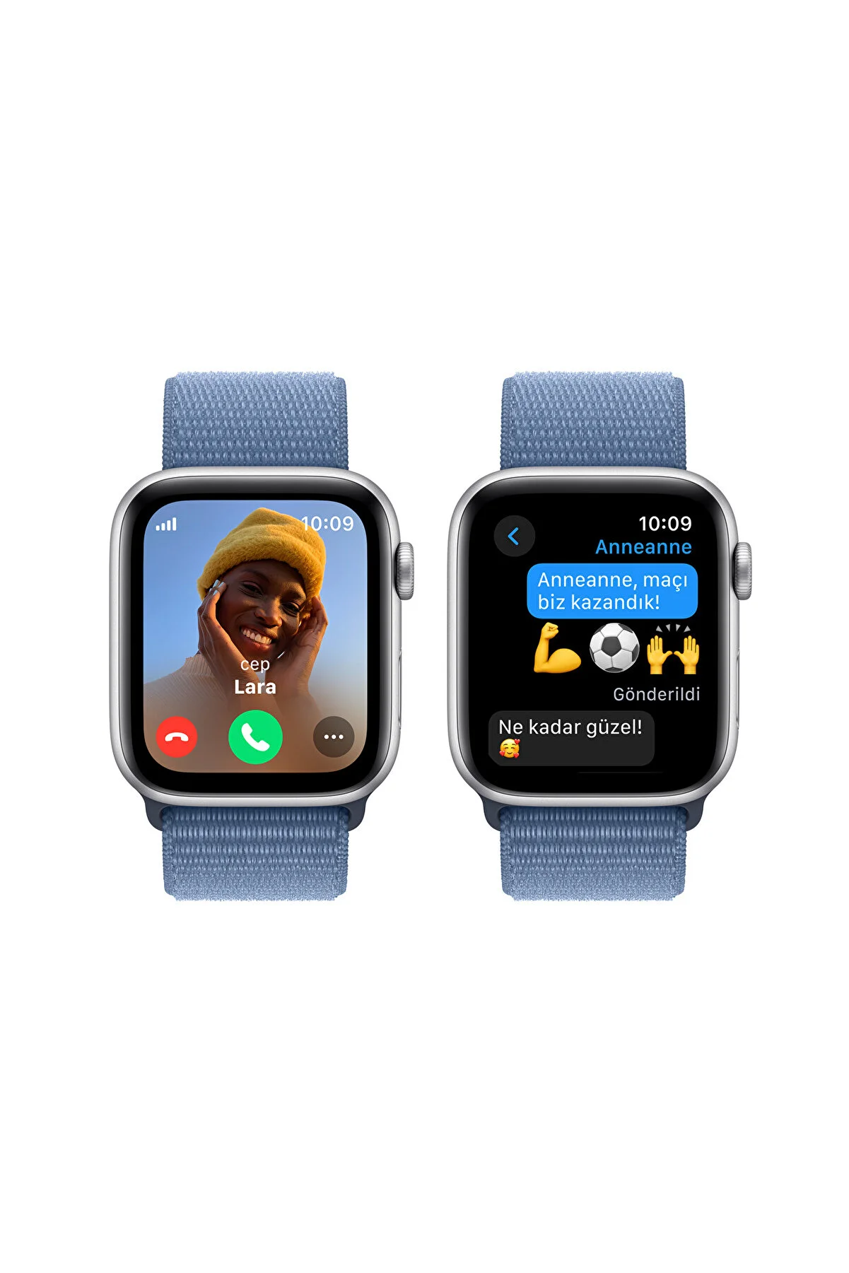 Mavi kayışlar üzerinde zaman ve emojilerle görüntülü aramaları ve mesajları gösteren iki Apple Watch.