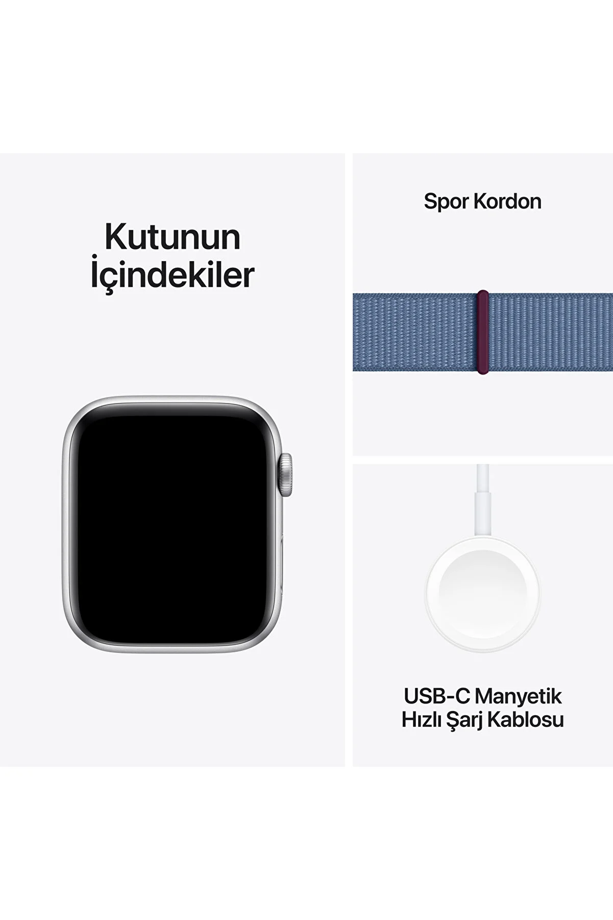 Bir Apple Watch, şarj kablosu ve bir saat kayışı yakın çekimde görüntüleniyor.