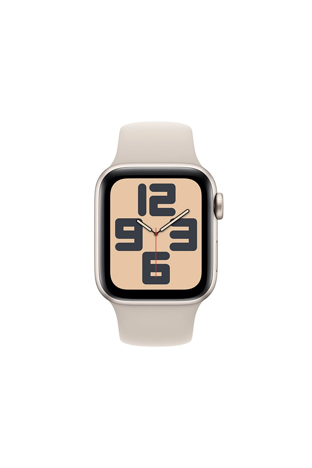 Bej kayışlı ve büyük sayıları gösteren dijital ekranlı Apple Watch.