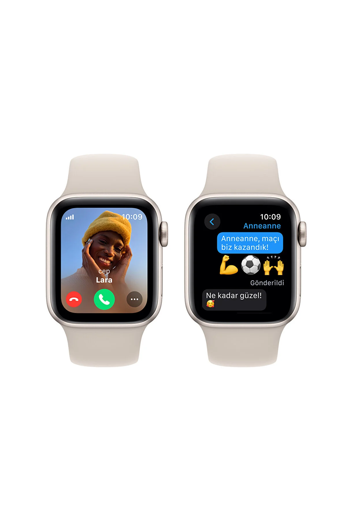Farklı arayüzler, metin ve bir video görüşmesi gösteren iki Apple Watch.