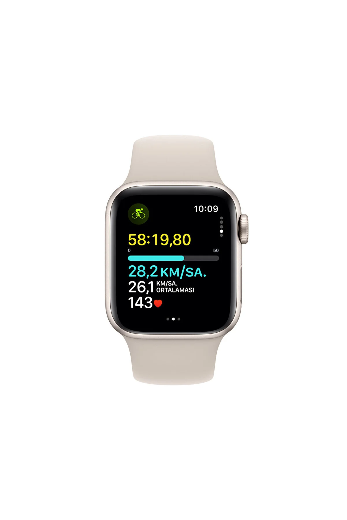 Bej kayışlı Apple Watch. Ekran bisiklet bilgileri görüntüler: zaman, hız ve kalp atış hızı.