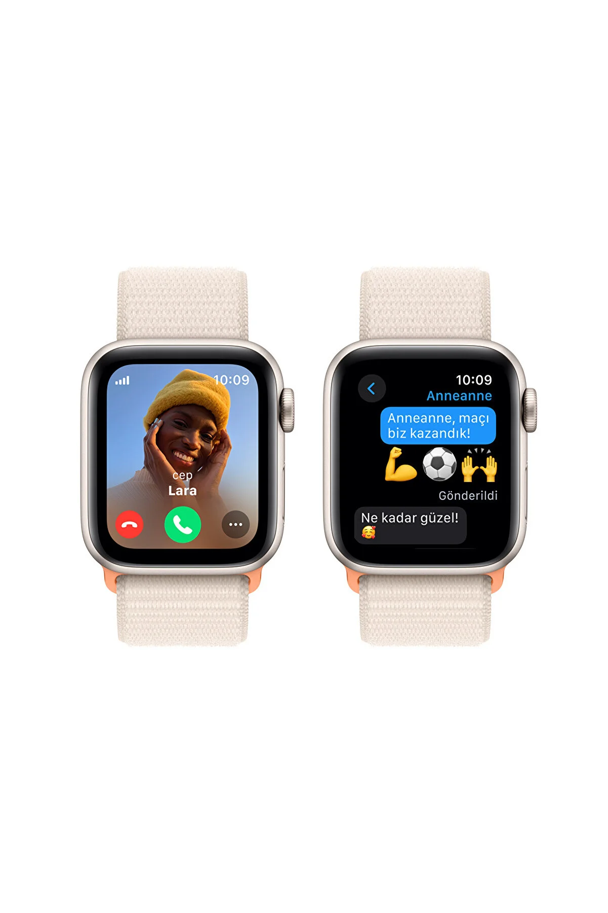 İki Apple Watch. Biri görüntülü görüşme, diğeri Türkçe metinli sohbet gösteriyor.