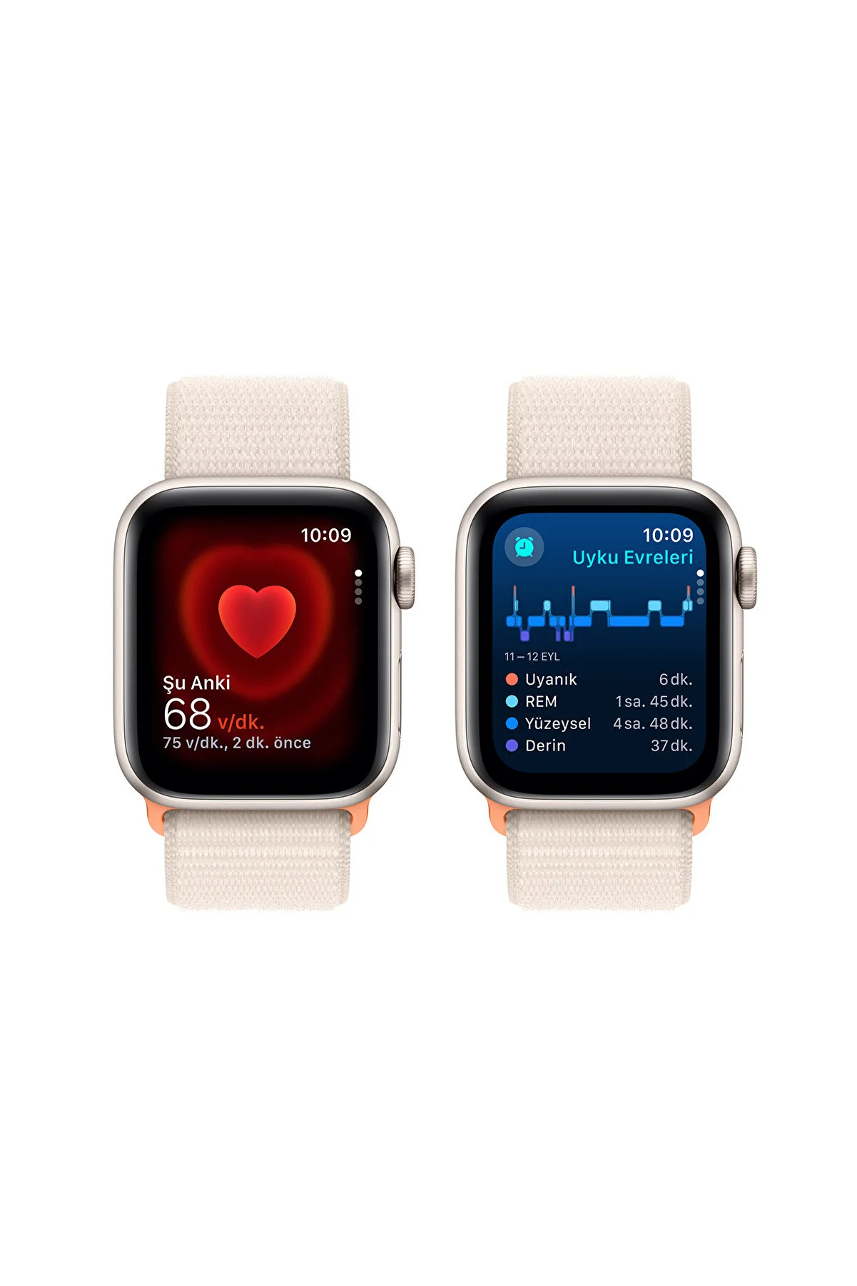 Beyaz yüzeyde iki Apple Watch, sağlık ölçümlerini gösteriyor.