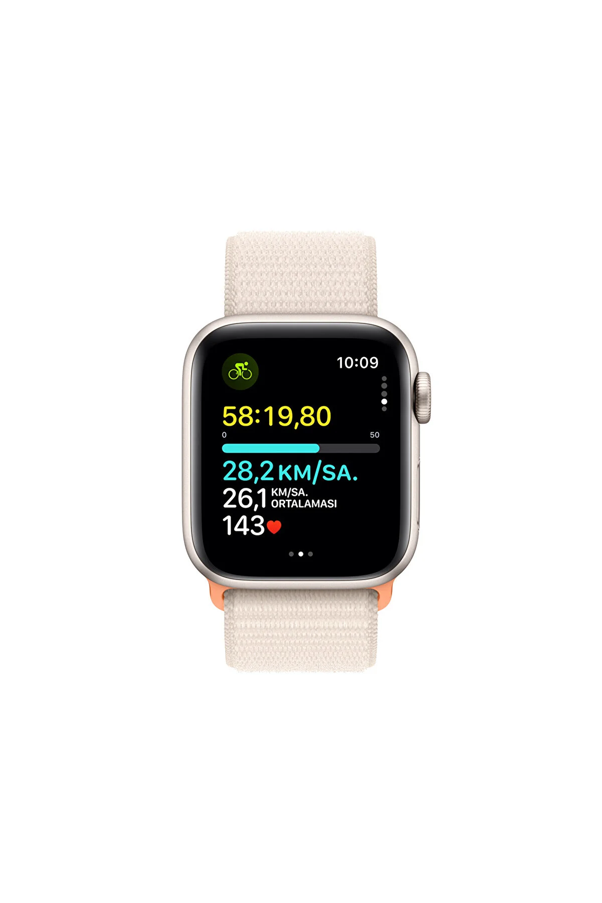 Bej kumaş kayışlı Apple Watch. Ekran bisiklet bilgileri görüntüler: zaman, hız, kalp atış hızı.