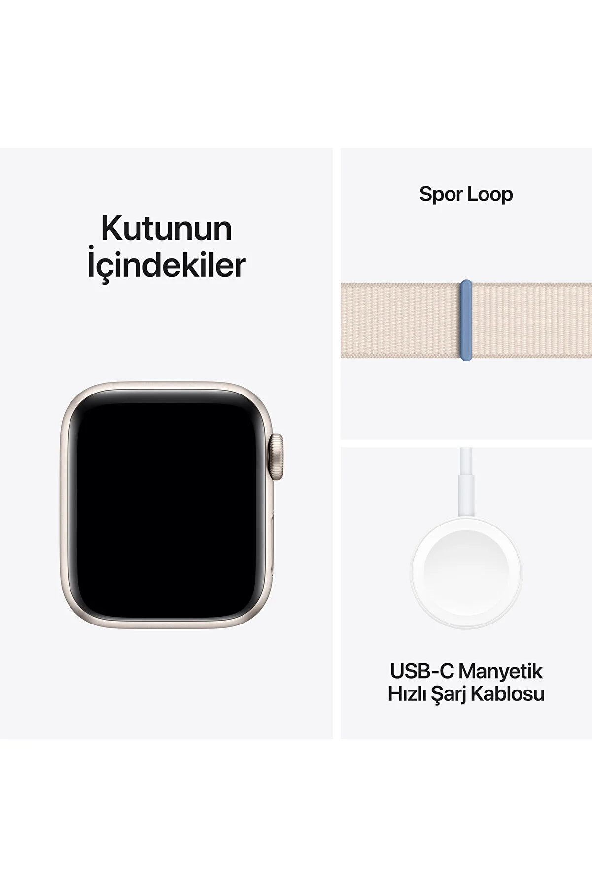 Apple Watch bileşenleri: saat, spor döngü kayış ve şarj cihazı.