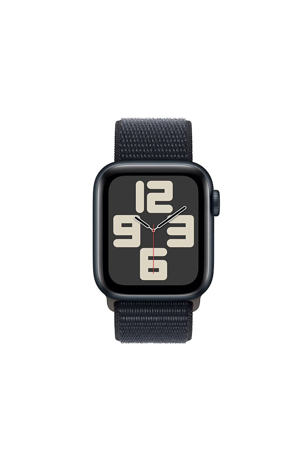 Karanlık bir arka plan üzerinde büyük beyaz sayılar gösteren siyah ekranlı bir Apple Watch.