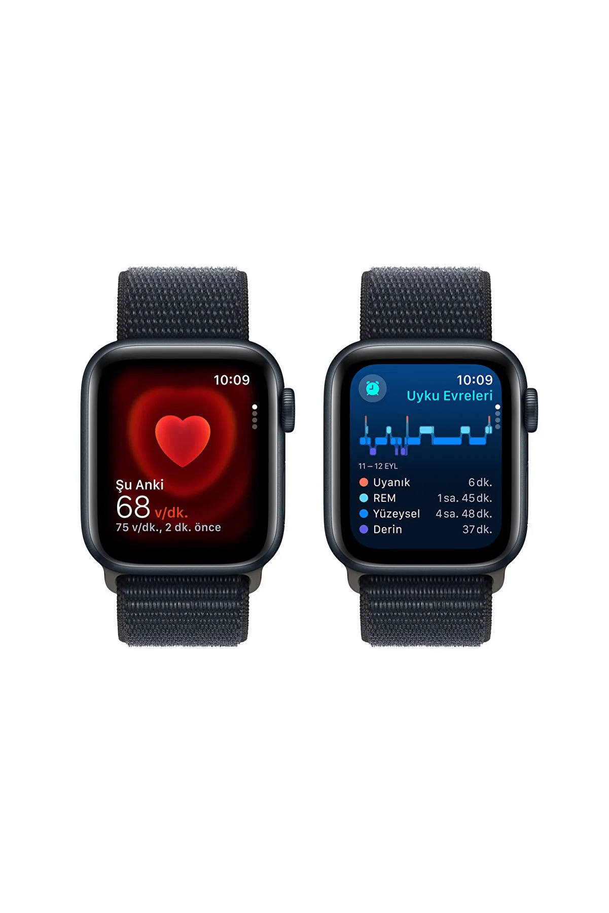 Kalp atış hızı ve uyku verileri dahil olmak üzere sağlık ölçümlerini gösteren iki Apple Watch.