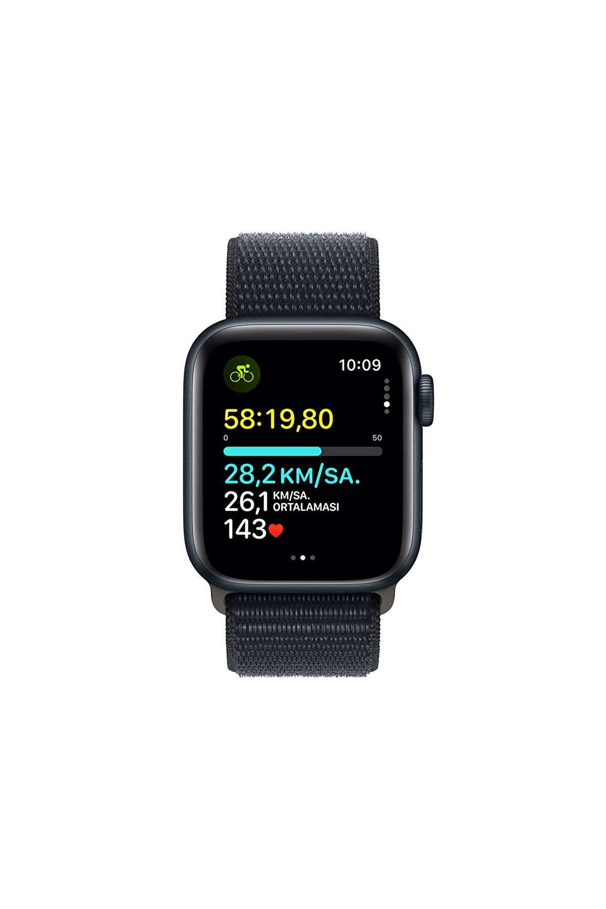 Apple Watch, hız, mesafe ve kalp atış hızı dahil olmak üzere bisiklet ölçümlerini gösteriyor.