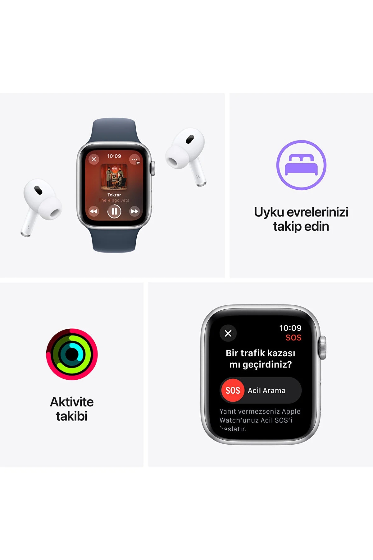 Apple Watch ve AirPods, sağlıkla ilgili özellikleri ve simgeleri gösteriyor.