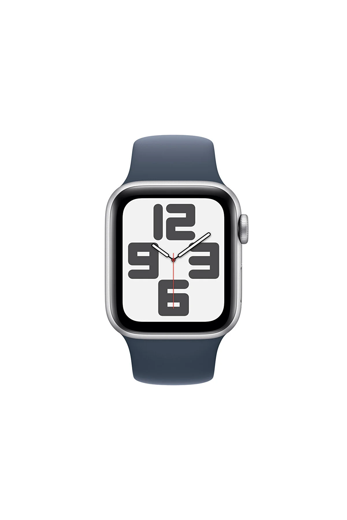 Beyaz arka plan üzerinde mavi kayışlı gümüş Apple Watch.