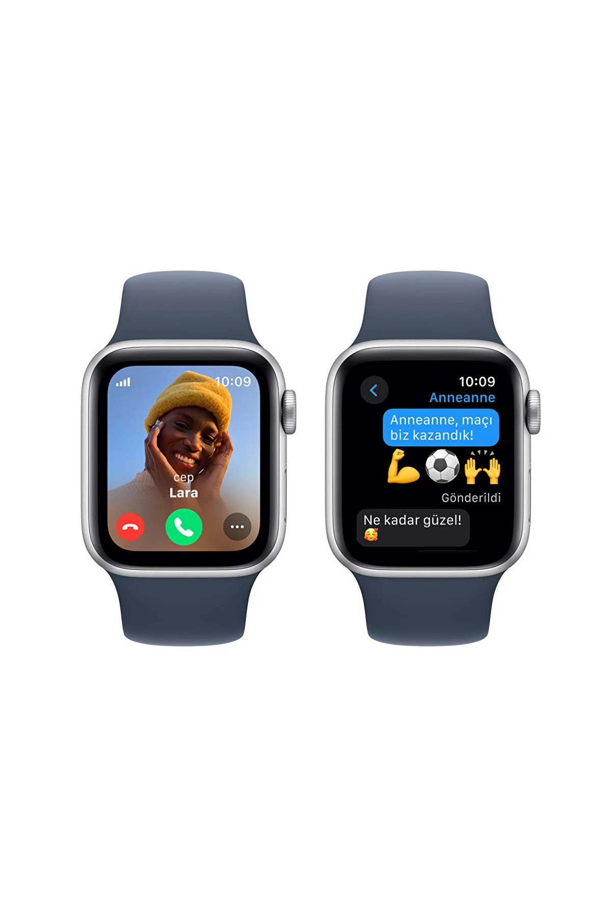 Aramaları ve metinleri gösteren iki Apple Watch. Bir saatte bir video görüşmesi ve diğerinde metinler gösteriliyor.