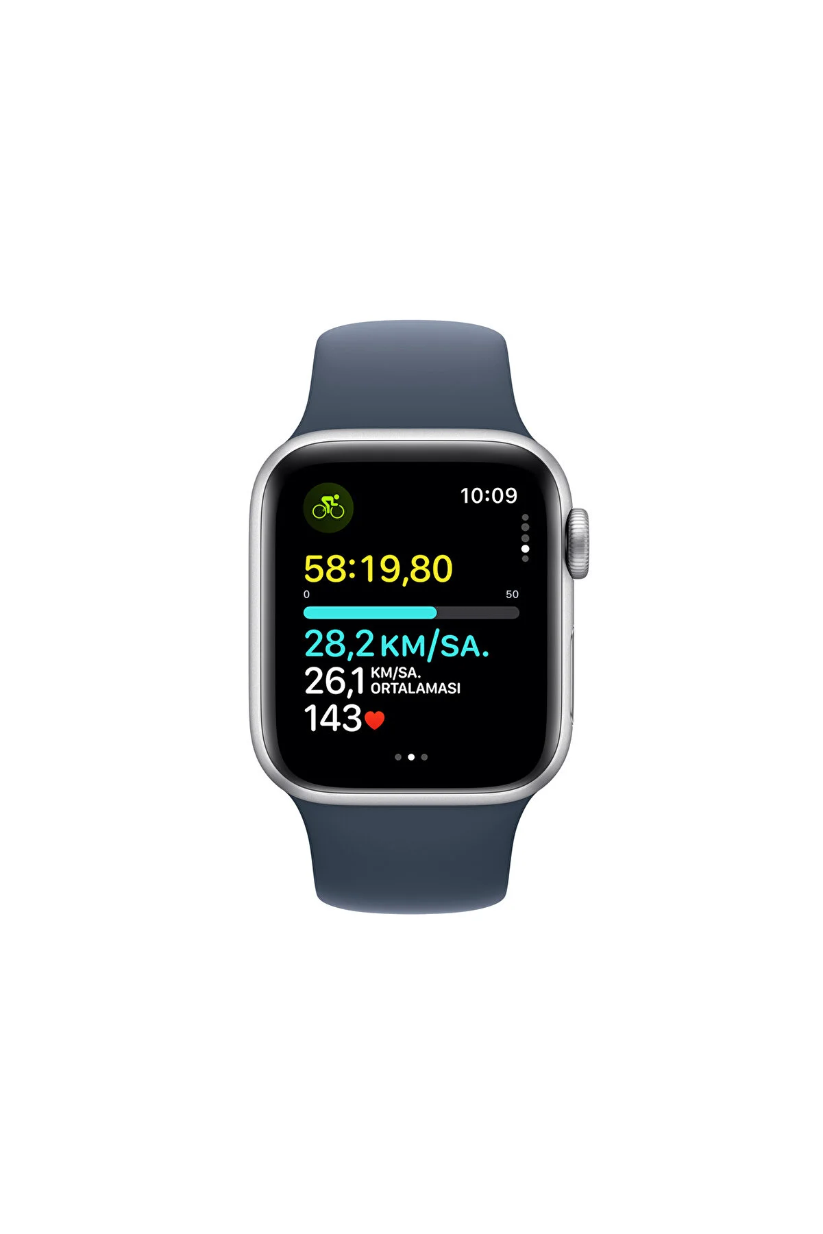 Ekranında bisiklet istatistikleri olan Apple Watch.