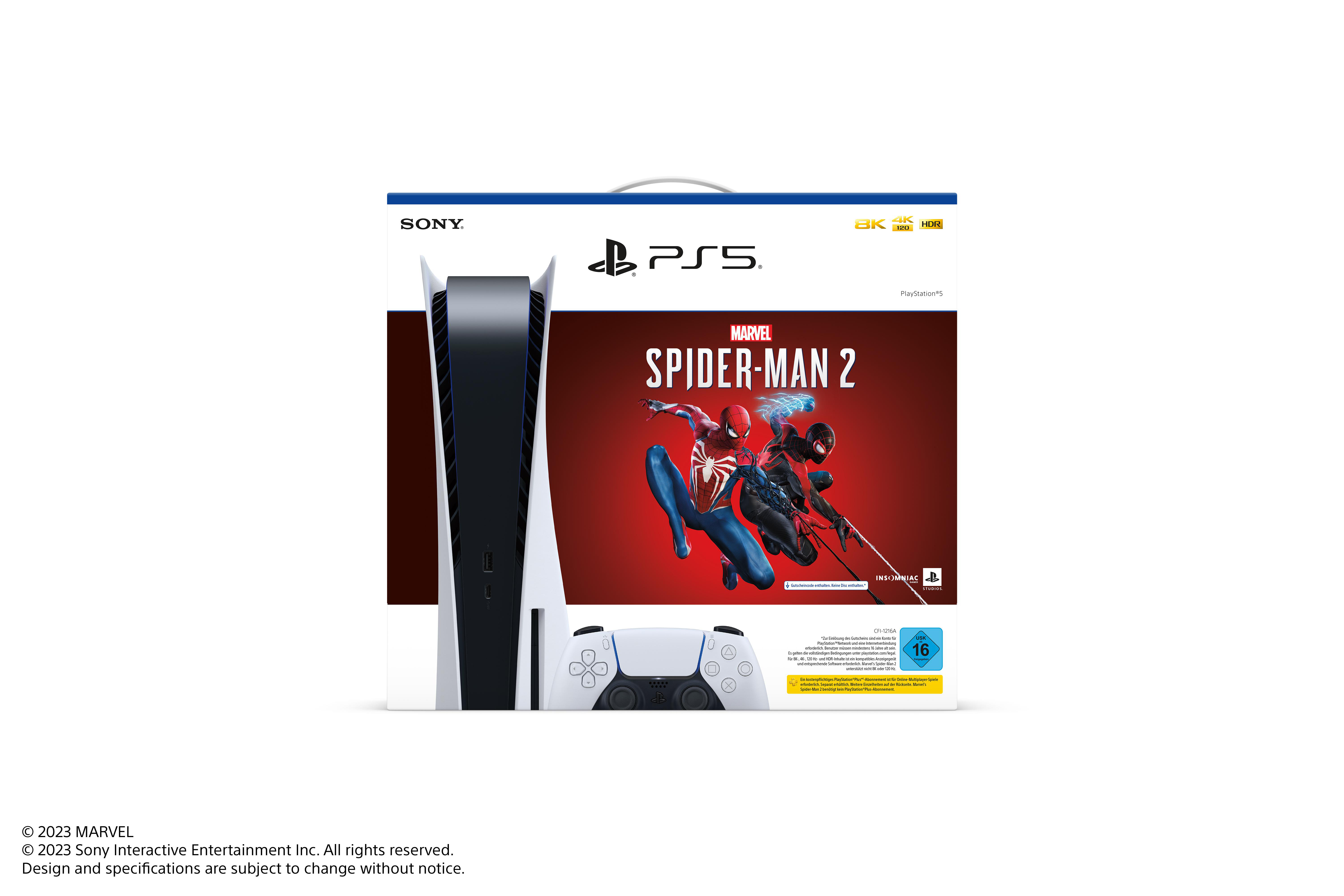 PlayStation 5 Box mit Konsole, Controller und Marvel Spider-Man 2 Spielcover.