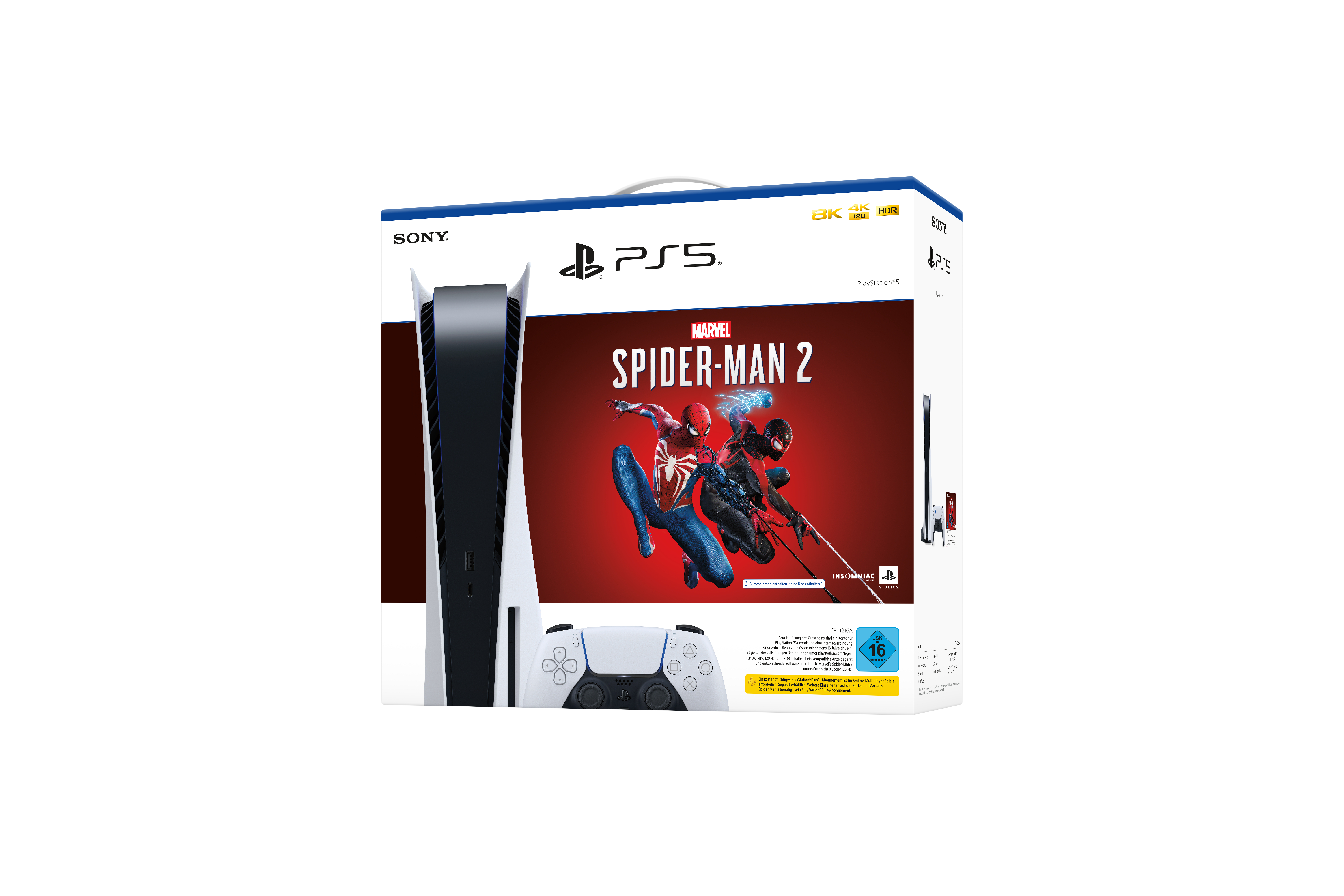 PlayStation 5 Konsole mit Spider-Man 2 Spielbox und weißem Controller.