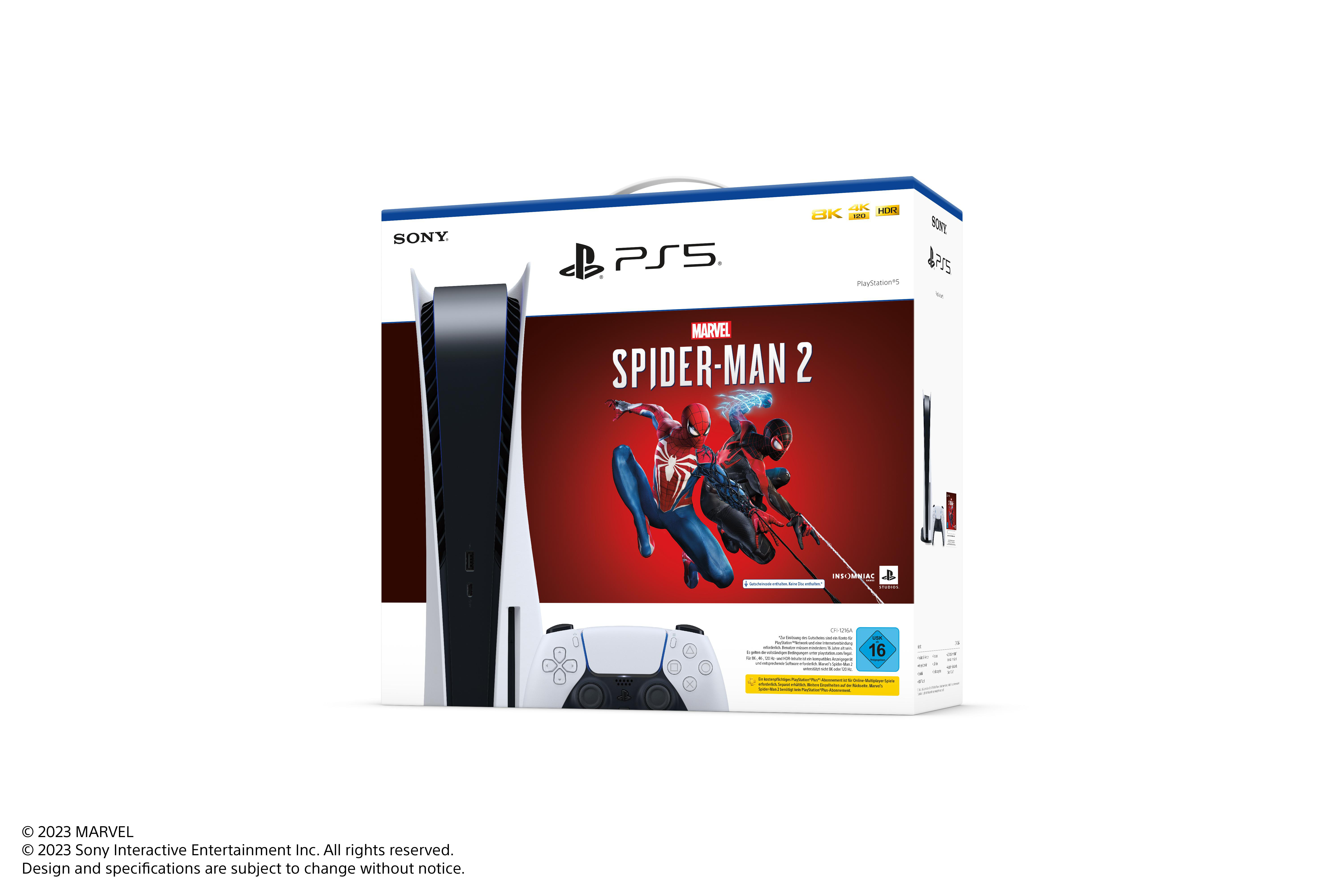 Ein PS5 Spider-Man 2 Bundle in einer Box. Enthält Konsole, Spiel und Controller.
