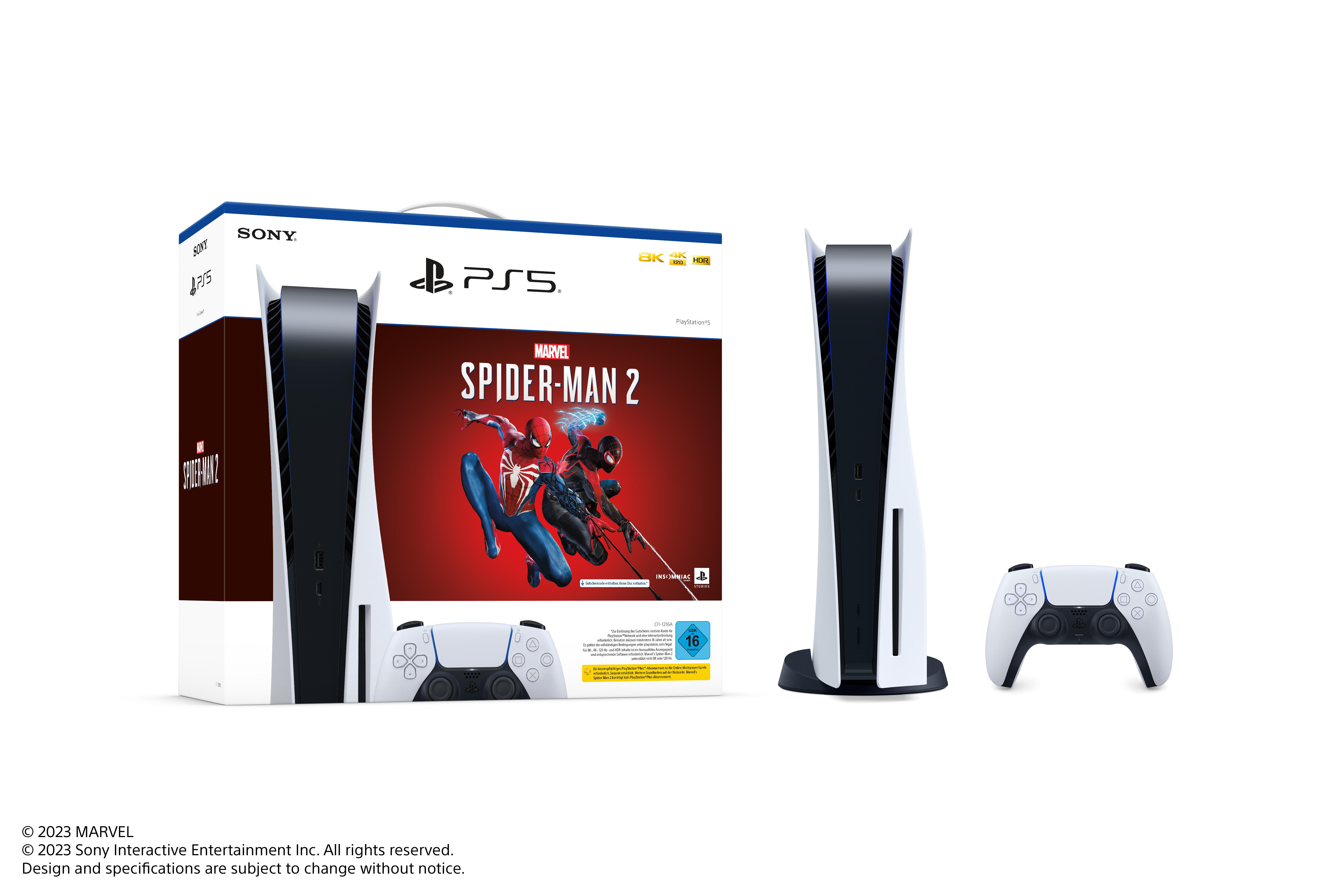 PS5-Konsole mit Spider-Man 2-Spielbox und Controllern. Weißes und schwarzes Design.