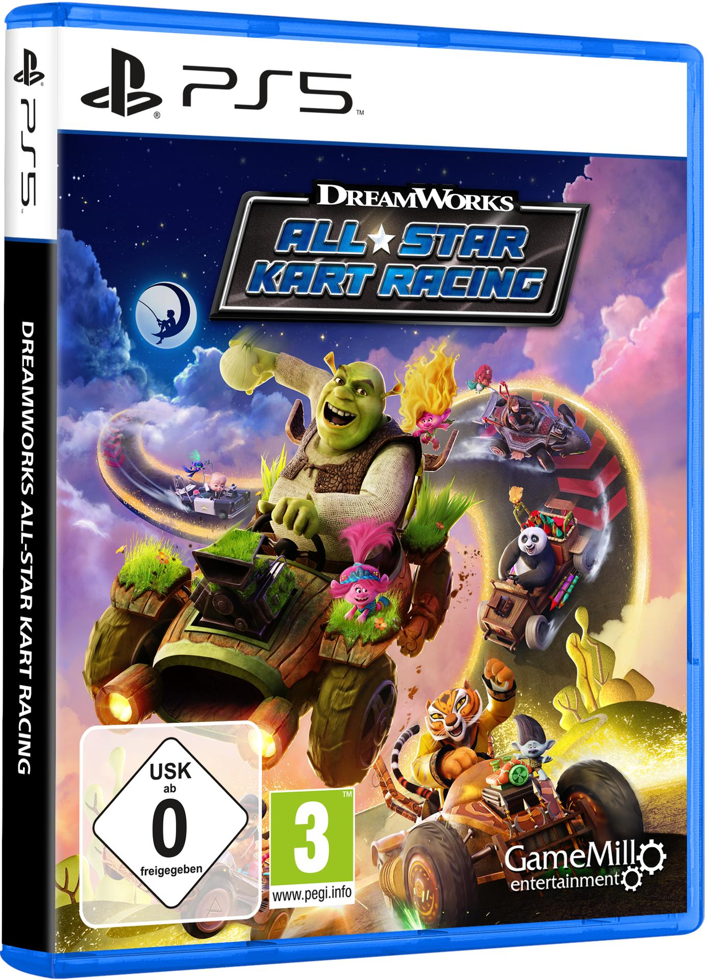 PS5-Spielbox mit Shrek und Kart-Renncharakteren in einer lebendigen Szene.