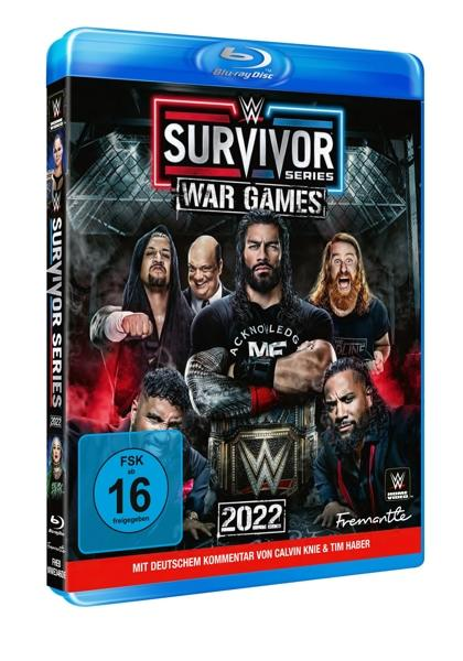 Blu-ray-Cover. Wrestler, darunter Roman Reigns, stehen. WWE Survivor Series War Games 2022.