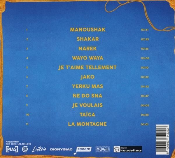 CD-Hülle hinten mit Titelliste, Albumname auf Französisch und Logos auf blauem Hintergrund.