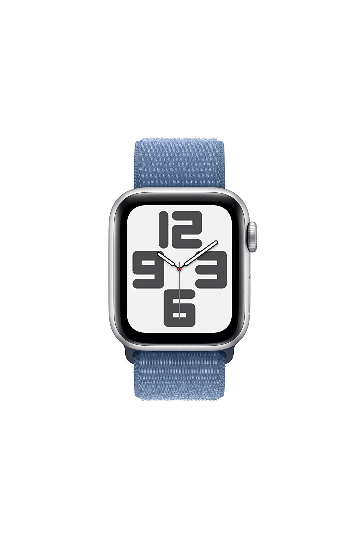 Mavi kumaş kayışlı Apple Watch. Saat görüntüleniyor.