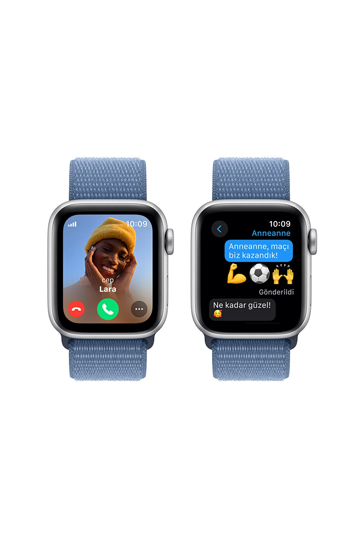 İki Apple Watch farklı ekranlar gösteriyor, biri arama diğeri mesaj ile.