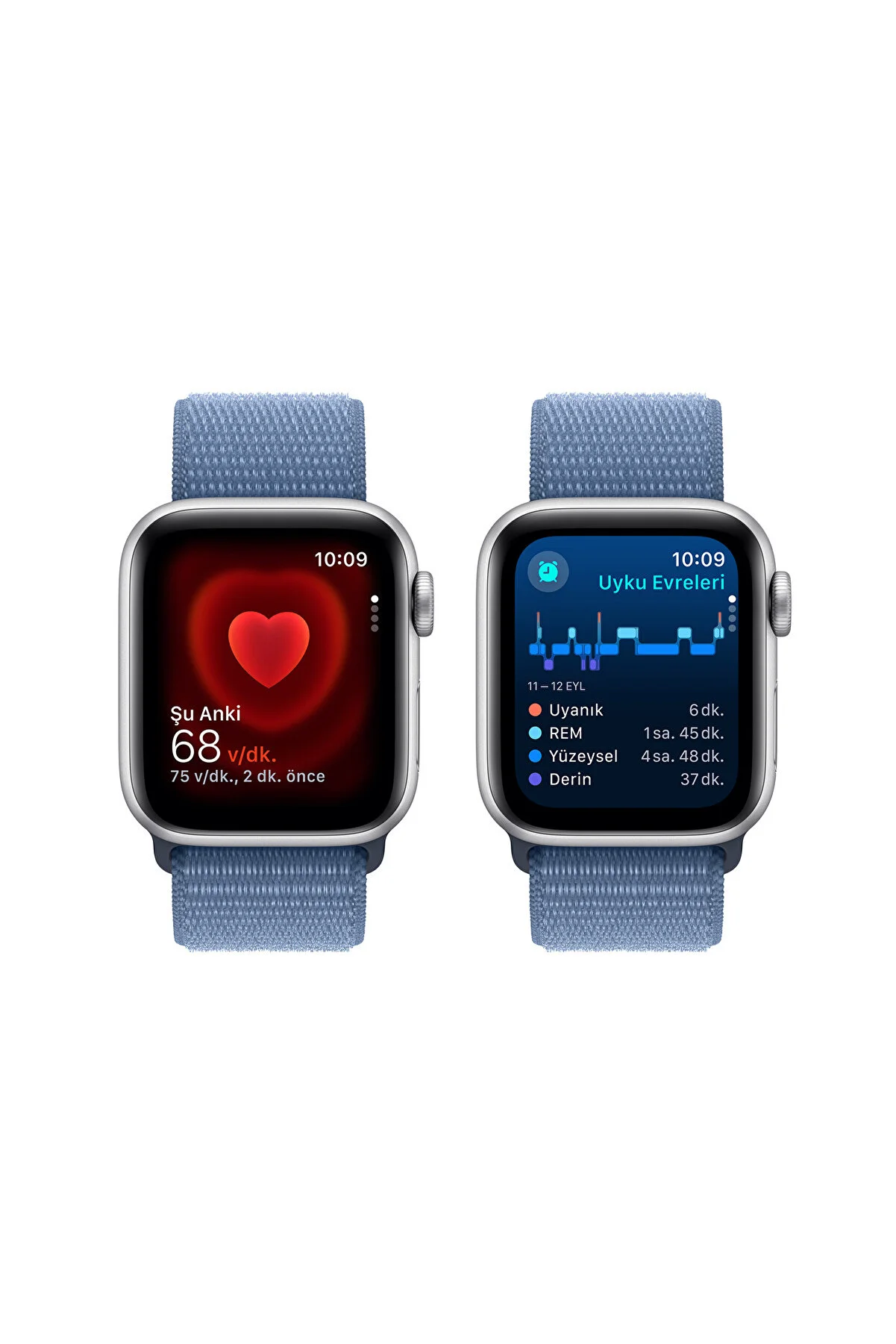 İki Apple Watch, mavi kayışlarla kalp atış hızı ve uyku verilerini gösteriyor.