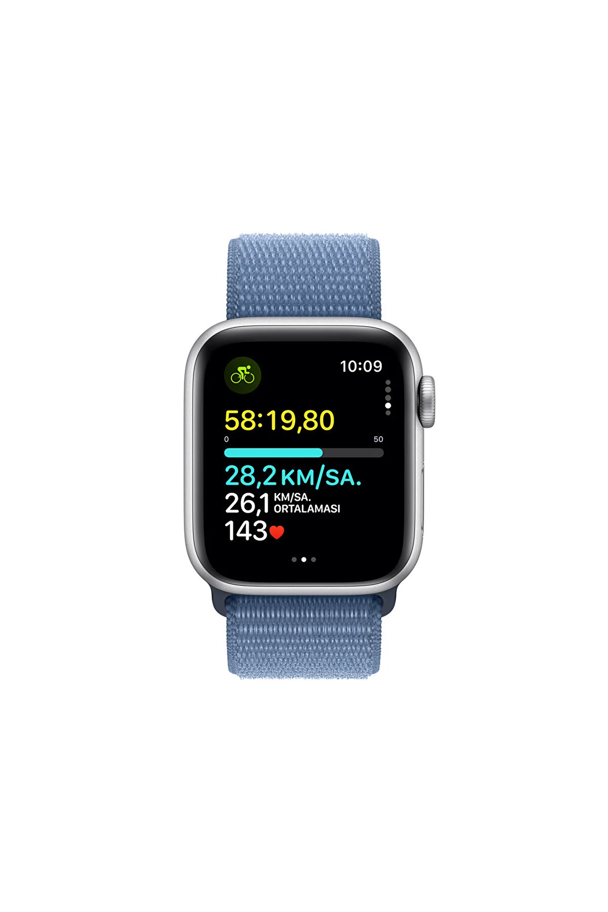 Ekranında bisiklet sürme istatistikleri gösteren mavi spor döngü kayışlı bir Apple Watch.