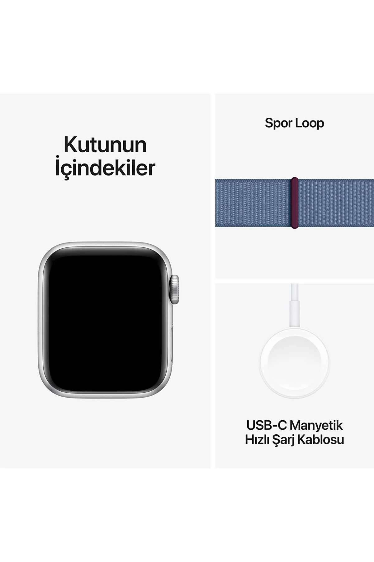 Apple Watch bileşenleri. Saat, spor döngü kayışı ve bir USB-C manyetik şarj kablosu. Beyaz zemin.