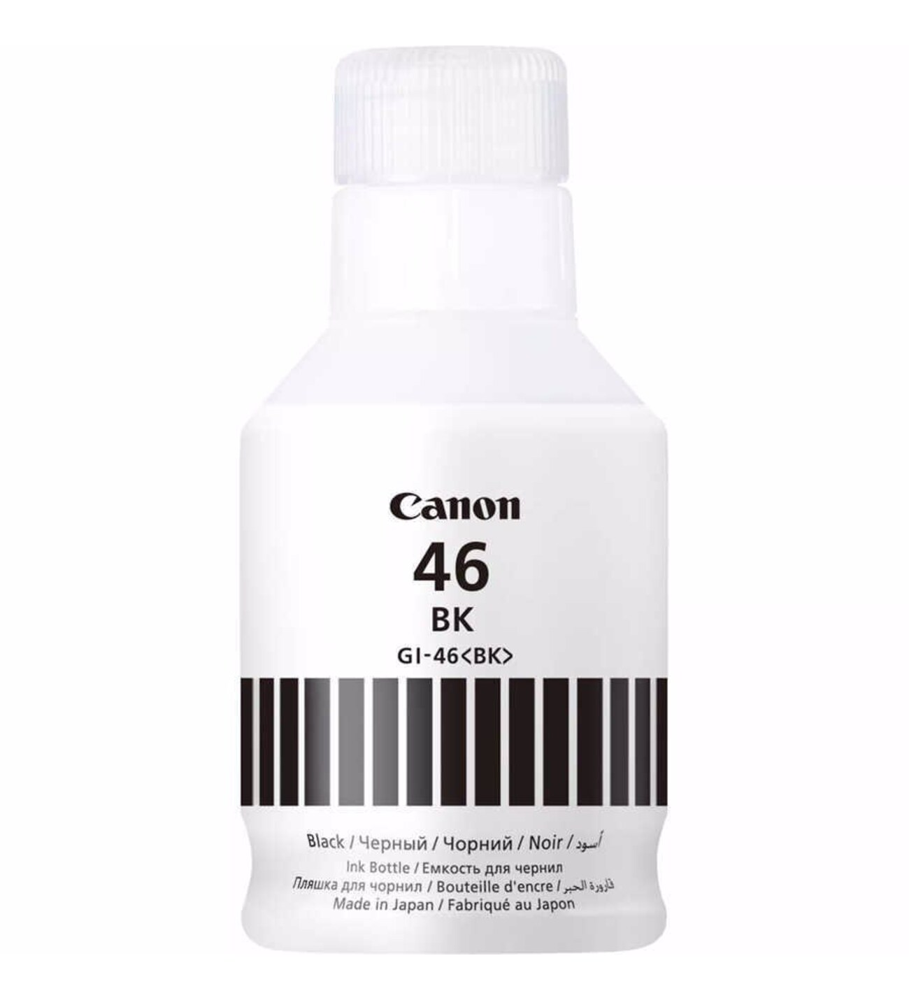 Siyah barkod ve metin etiketi olan beyaz Canon 46 BK mürekkep şişesi.