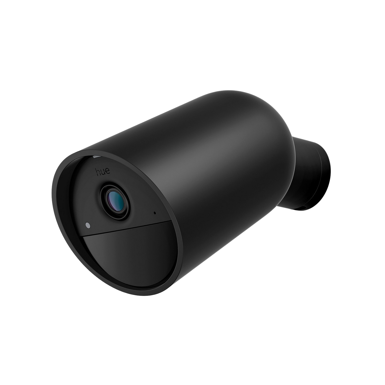 Black security camera with a rounded body and a lens. Mounted on a wall.