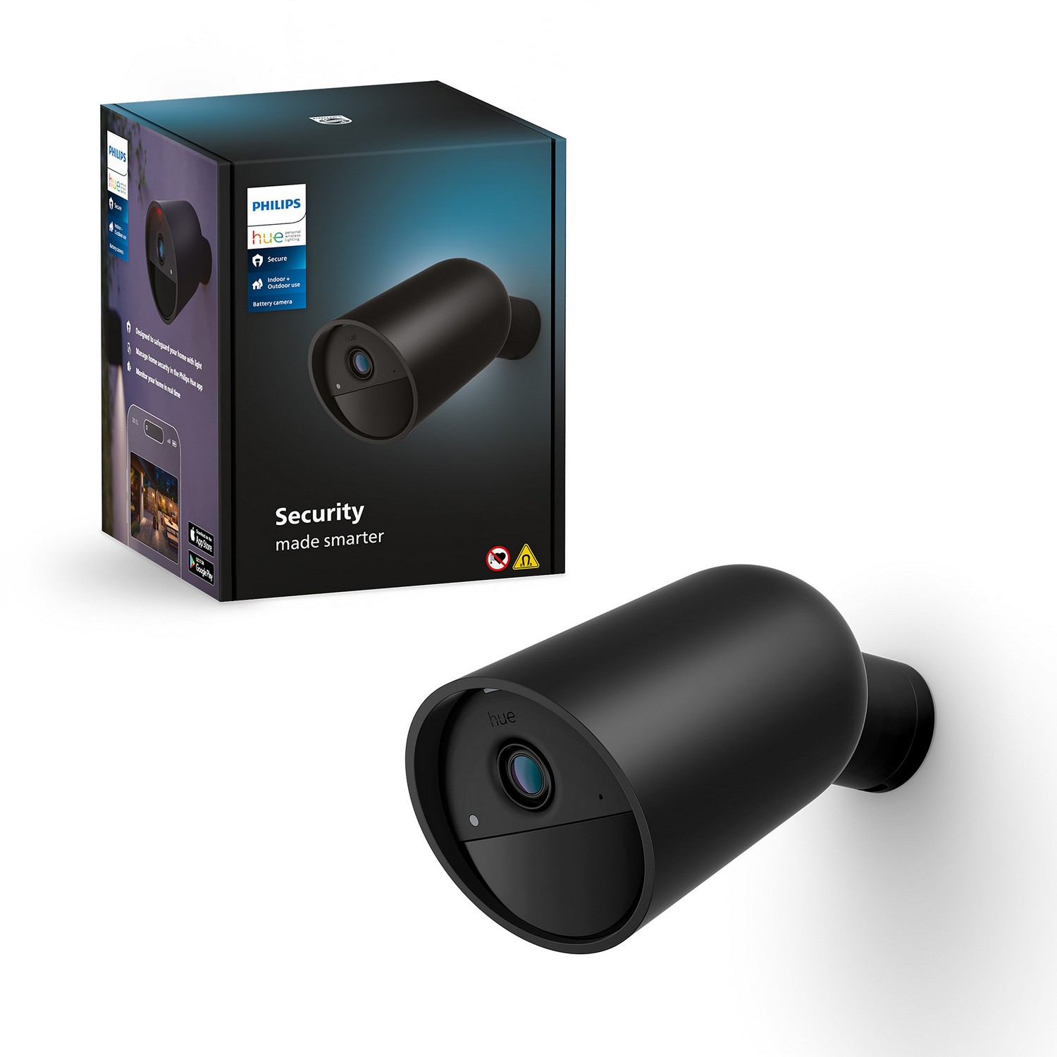 A black Philips Hue security camera and its box, on a white surface.