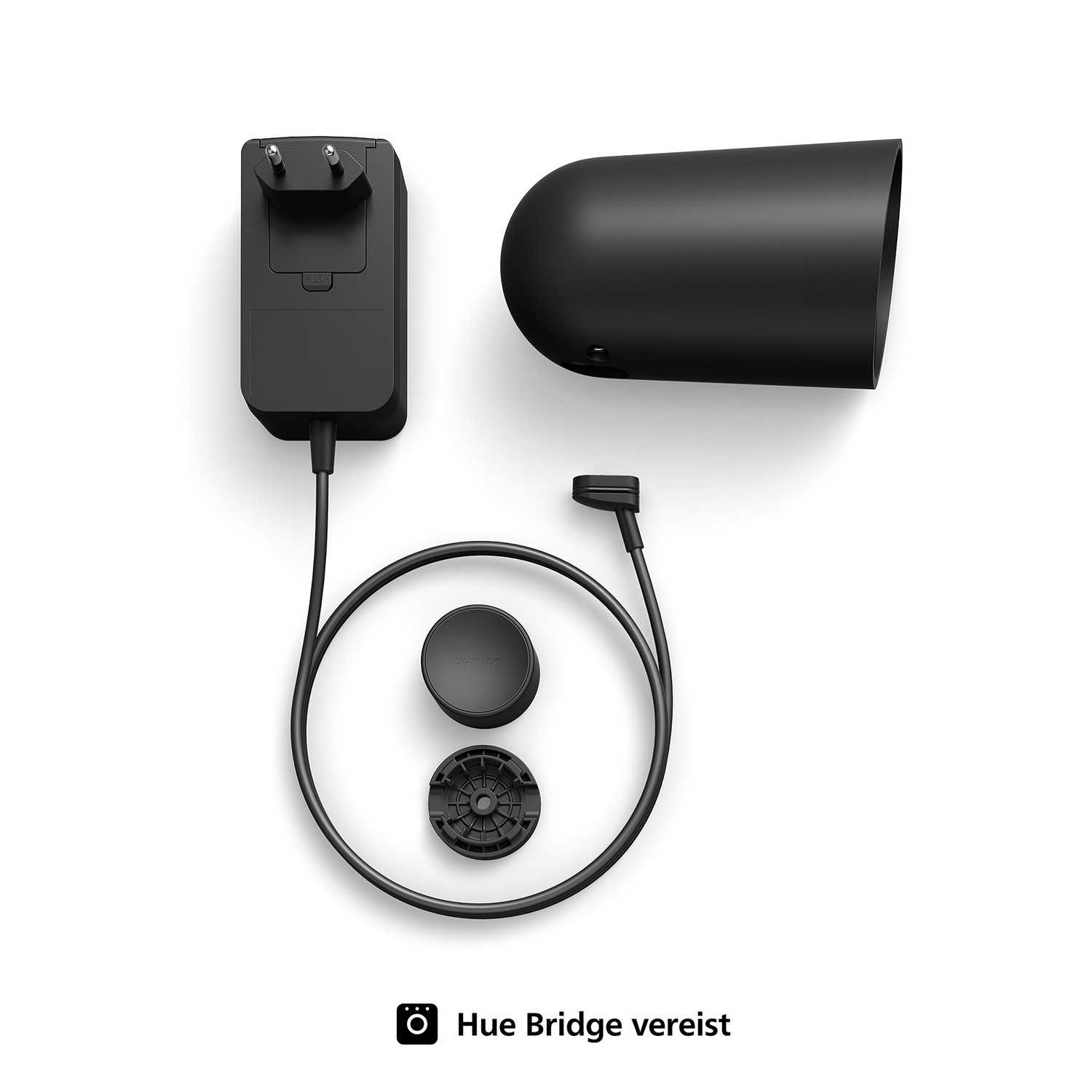 An assortment of black Hue device components on a white background.