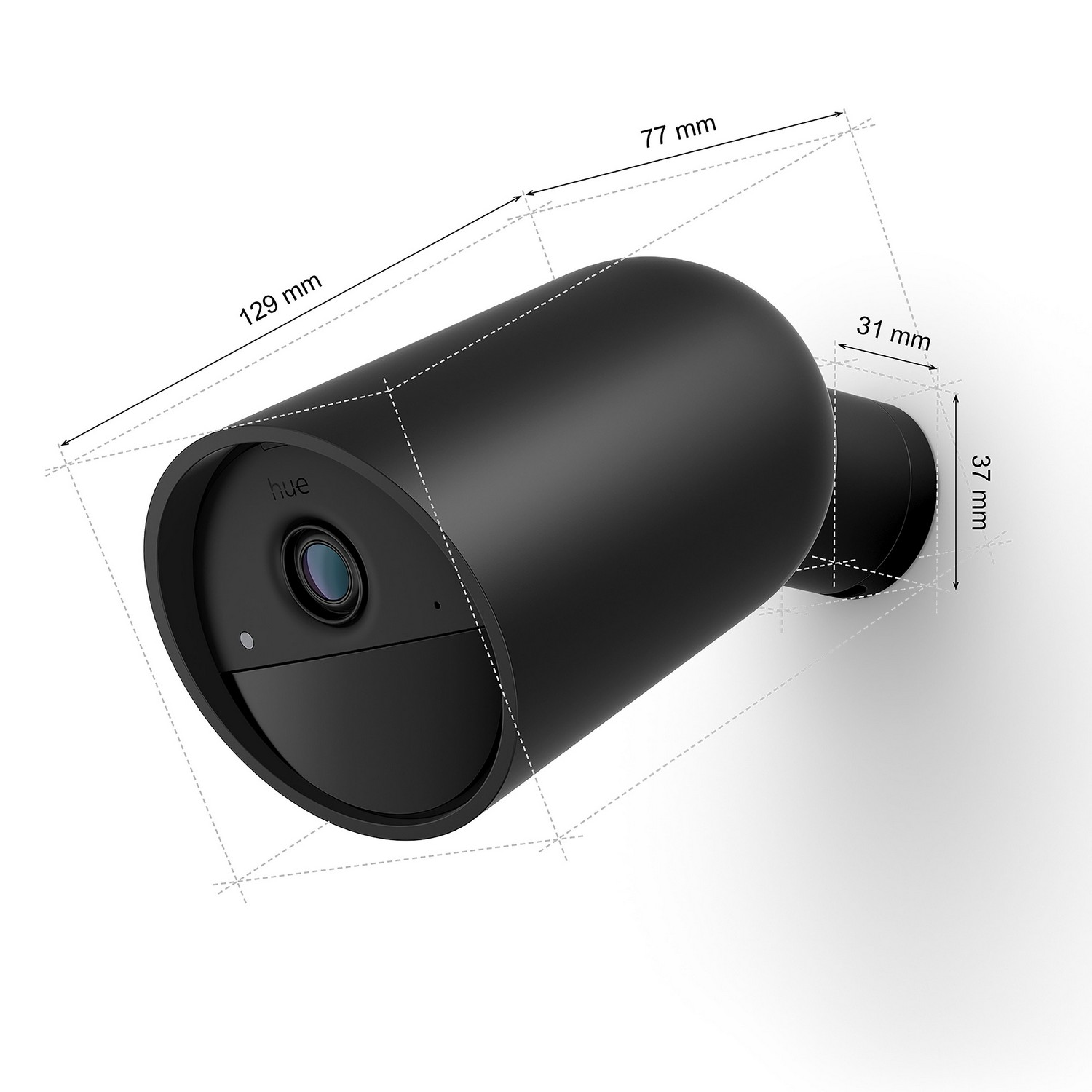 Black security camera with dimensions, mounted on white. Has 'hue' logo on it.