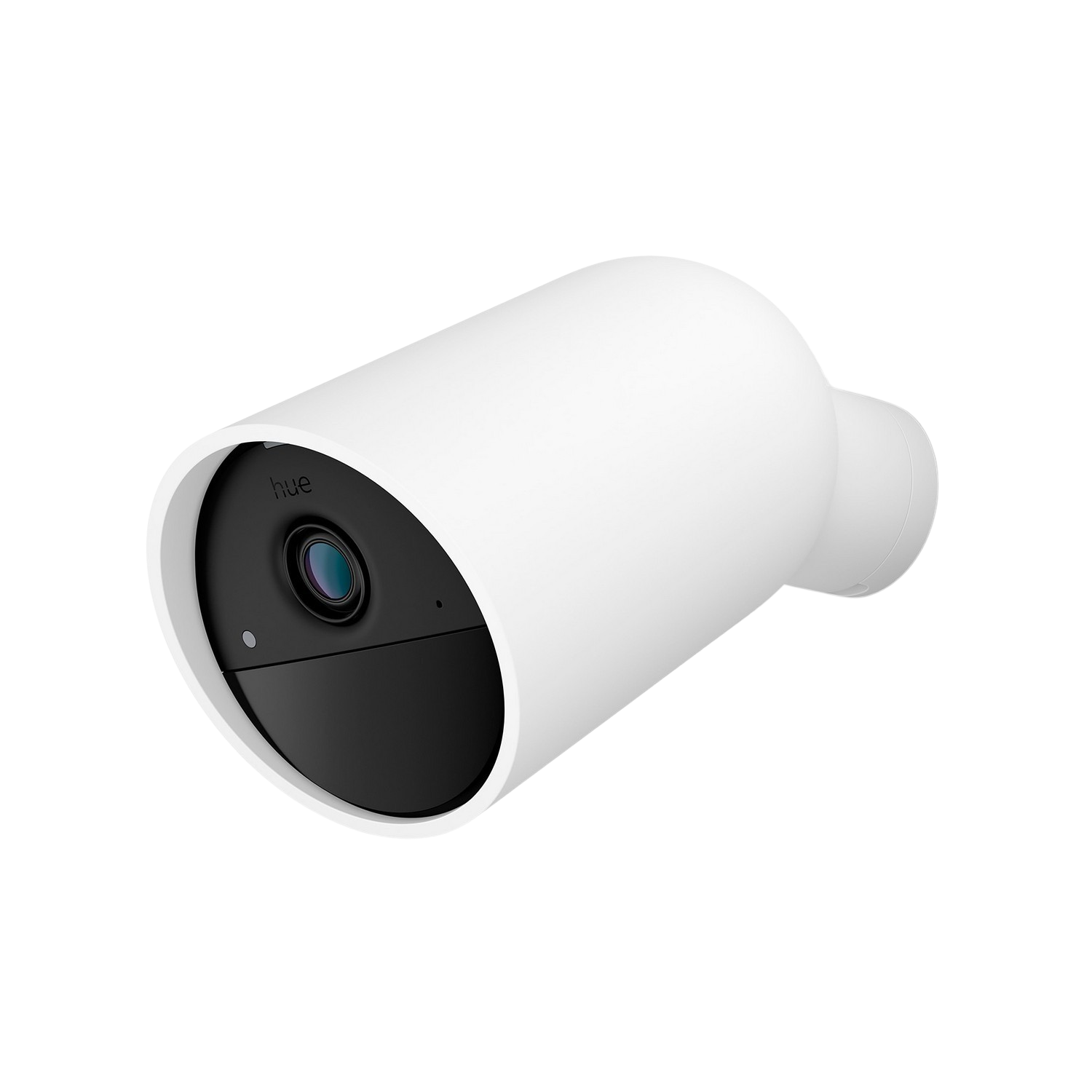 Witte, cilindrische buitencamera met een zwart lensgedeelte. Zwarte achtergrond.