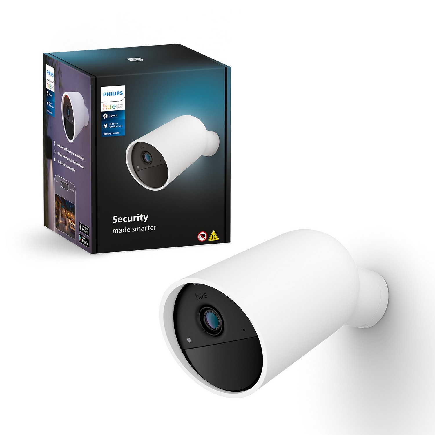 Witte beveiligingscamera en doos. Doos zegt 'Veiligheid slimmer gemaakt'. Camera heeft 'hue' logo.