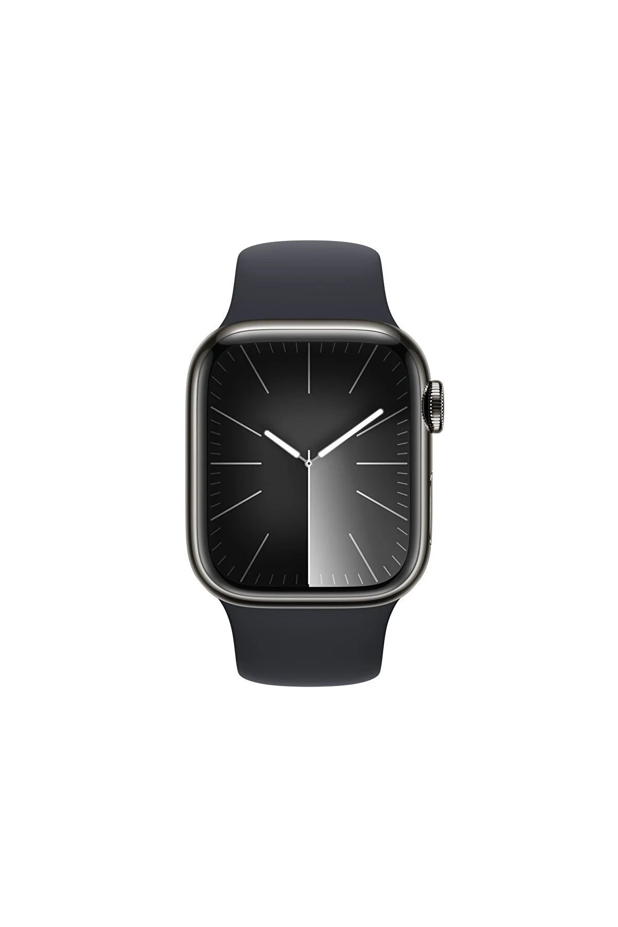 Koyu gri kayışlı siyah Apple Watch. Beyaz arka planda izole edilmiş.