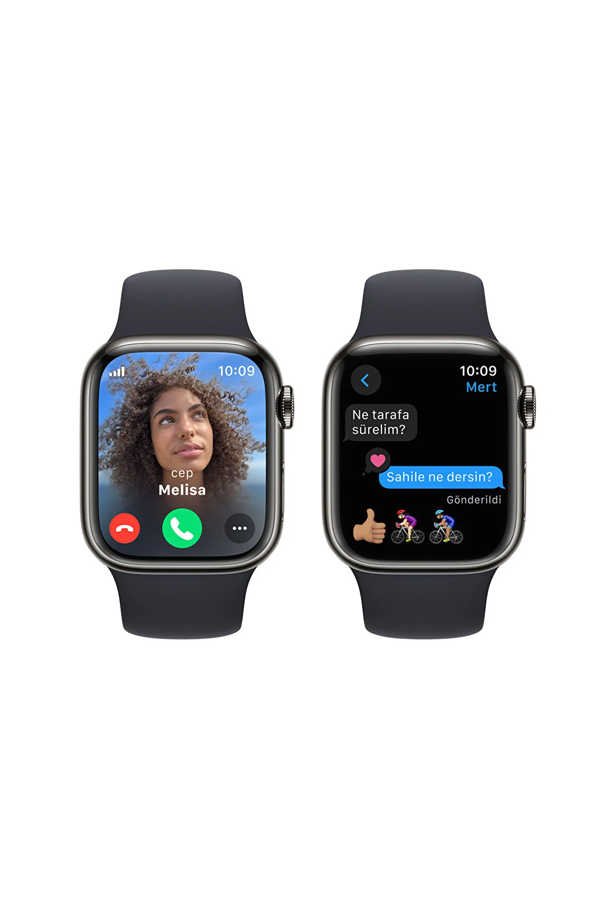 İki Apple Watch. Biri Melissa'dan bir görüntülü görüşme gösterirken, diğeri Mert'ten bir kısa mesaj gösteriyor.