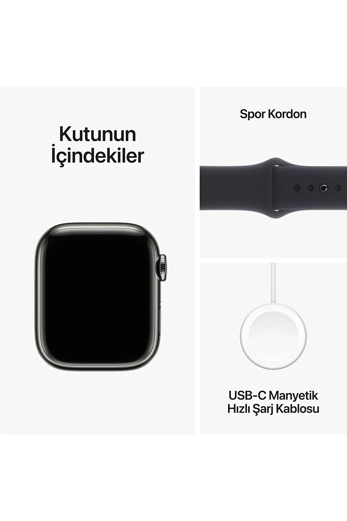 Apple Watch bileşenleri: saat, spor kayışı ve şarj kablosu.