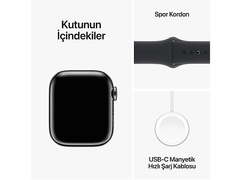 APPLE Watch Series 9 GPS + Cellular MRJ93TU/A  41 mm Grafit Paslanmaz Çelik Kasa ve Gece Yarısı Spor Kordon - M/L_9