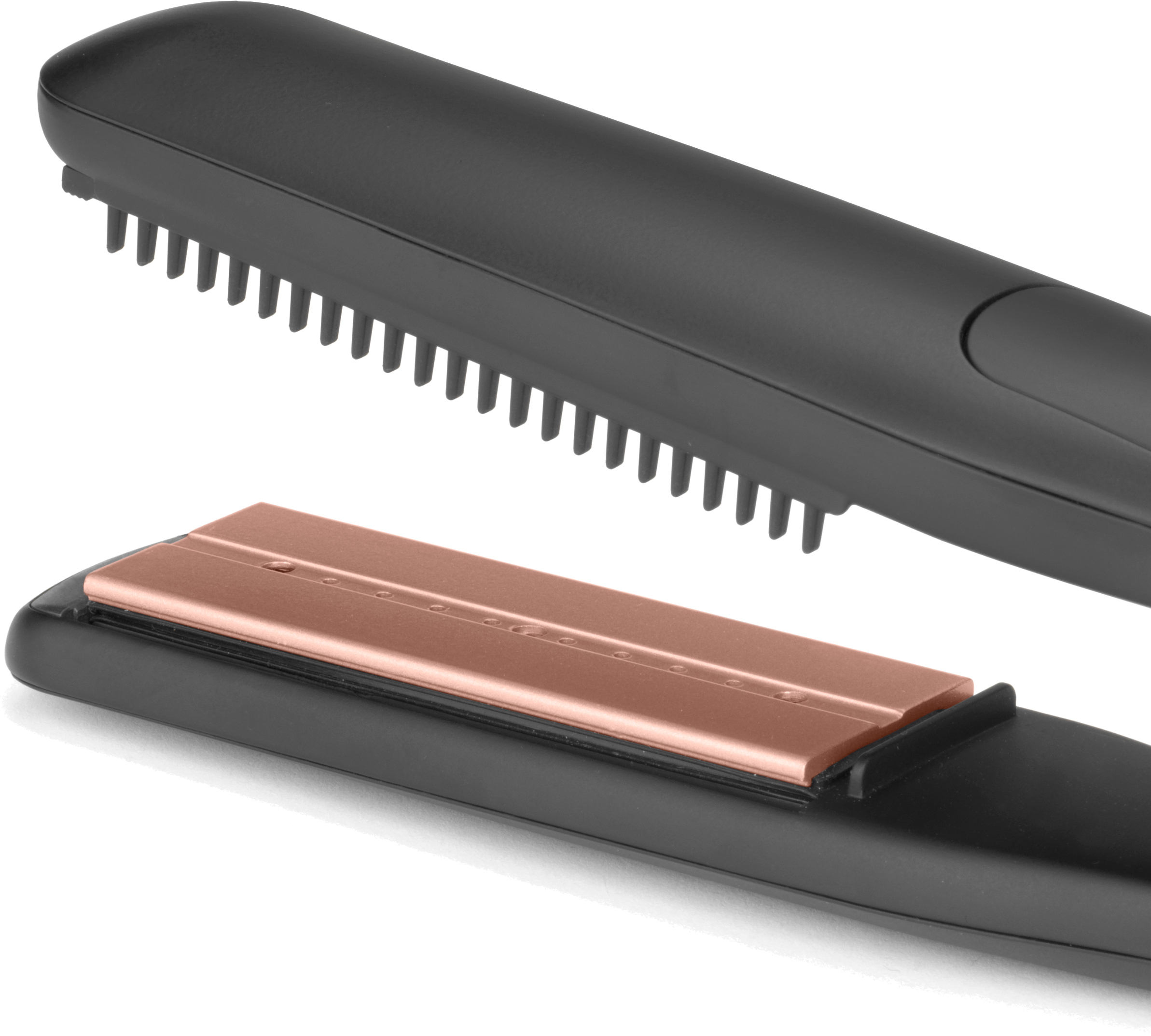 Gros plan sur un lisseur noir avec plaques chauffantes et dents exposées de couleur cuivre.
