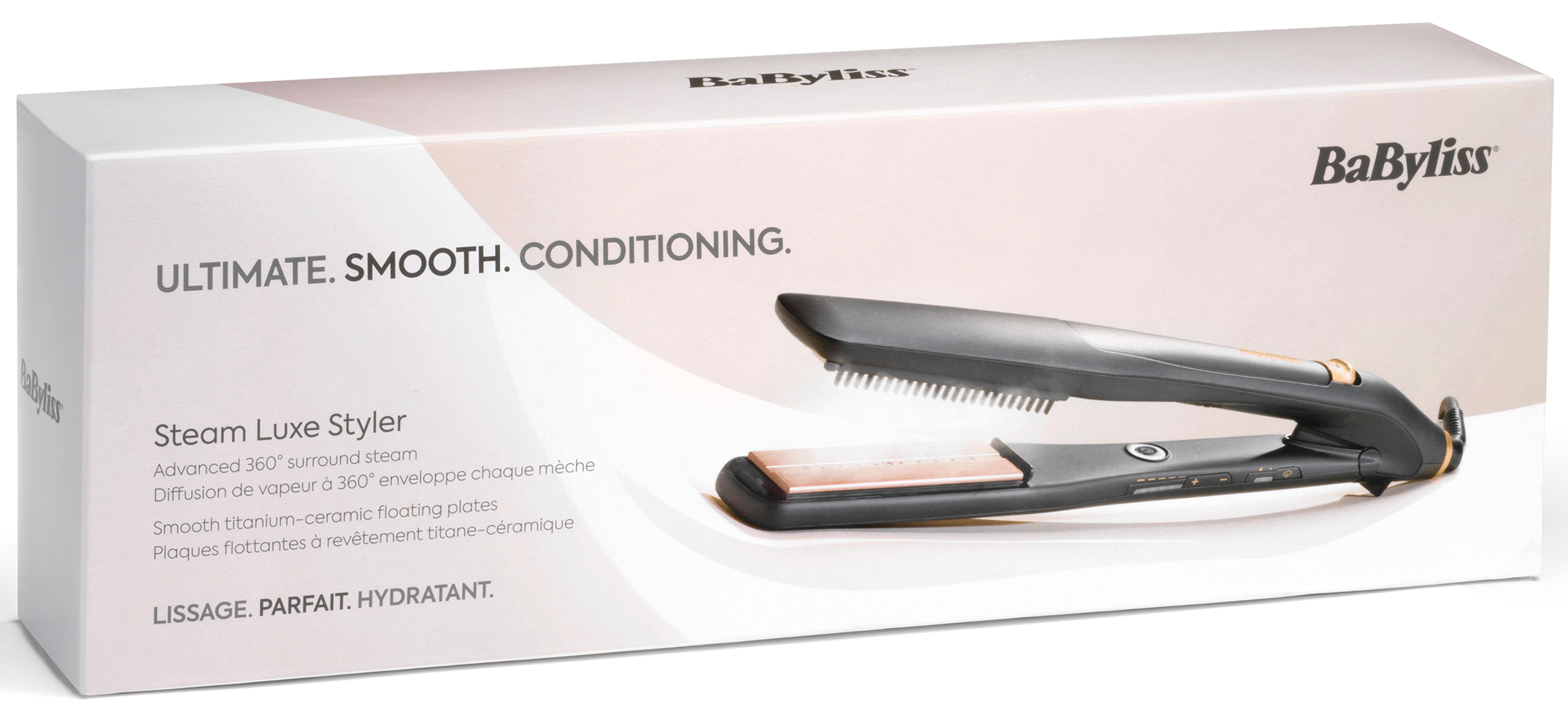 Une boîte blanche avec un lisseur, le texte indique 'Ultimate. Smooth. Conditioning'.