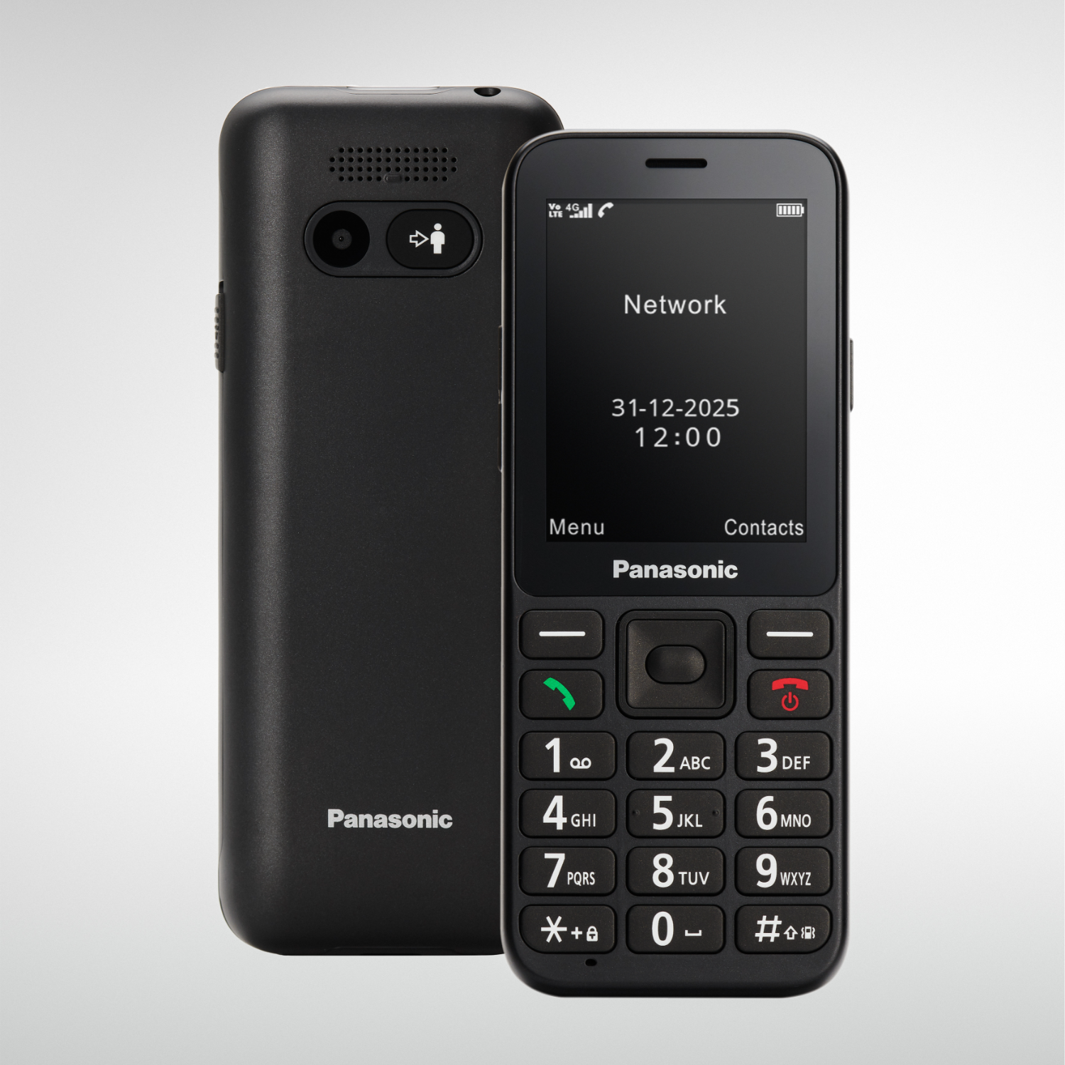 A black Panasonic phone with two parts: the handset and the base.