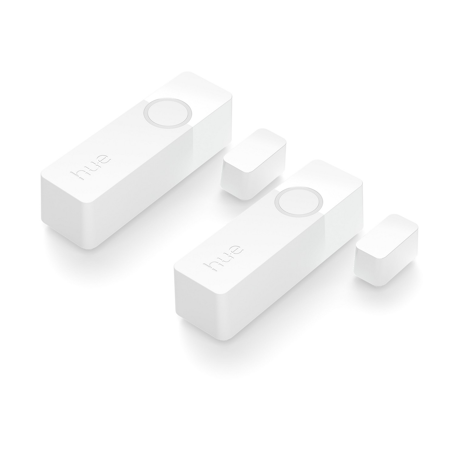 Two white smart home devices with the word 'hue' and a circular button, isolated on white.