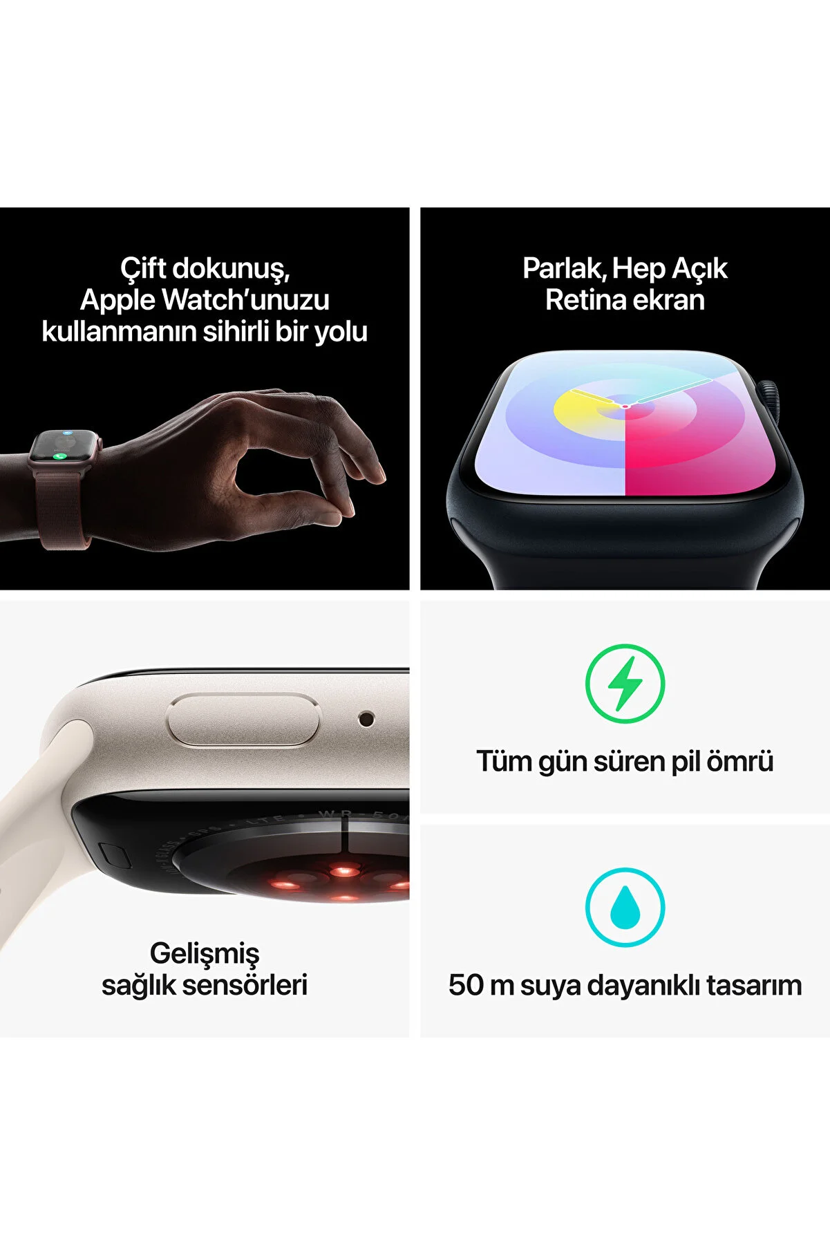 Apple Watch farklı özelliklerle: el etkileşimi, ekran, sensörler ve tasarım.