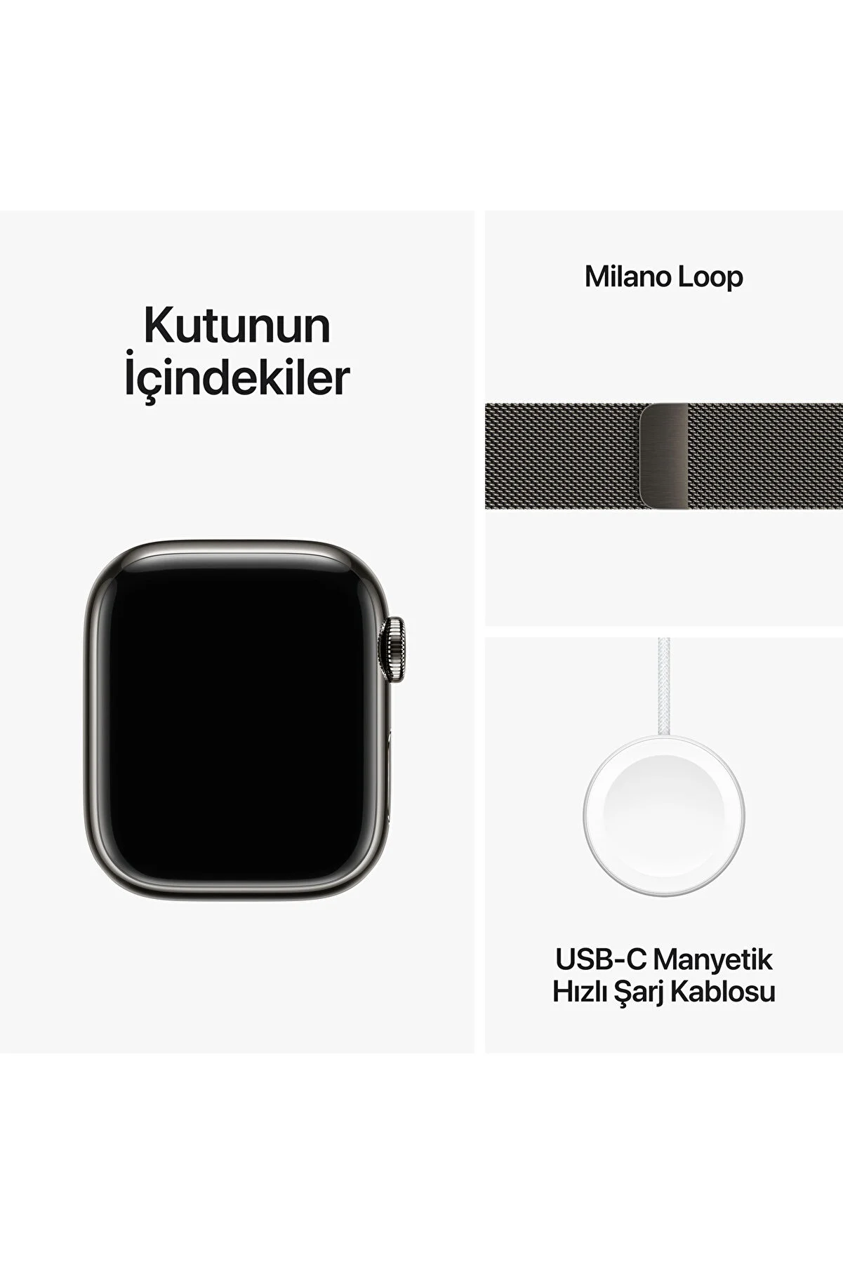 Kayış, şarj cihazı ve kutu ile Apple Watch, içeriği gösteriyor.