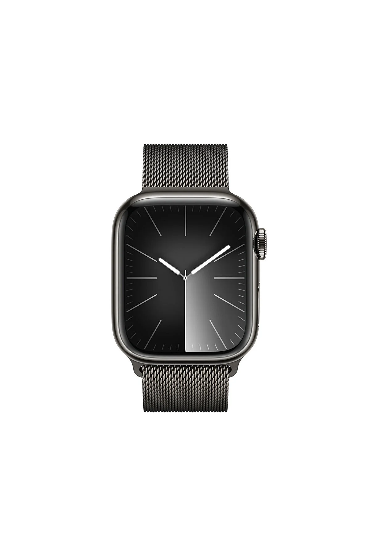 Siyah metal örgü kayışlı, siyah bir Apple Watch, beyaz zemin üzerinde izole edilmiş.